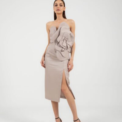 Elegantes beiges Kleid mit floraler Applikation