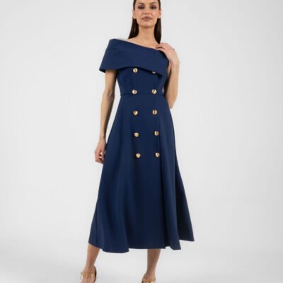 Marineblaues Kleid mit Goldknöpfen