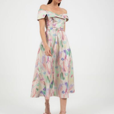 Schulterfreies Kleid mit floralen Mustern und eleganter Drapierung