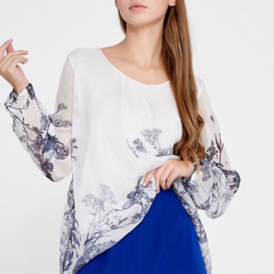 Weiße und blaue Bluse, lange Ärmel