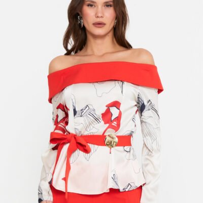 Off-Shoulder-Bluse mit Blumenprint und Taillengürtel