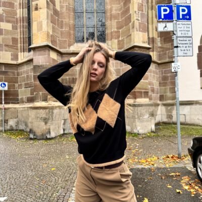 Damen Argyle Pullover mit Fell-Details
