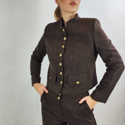 Braunes Damen-Zweiteiler Set aus Tweed mit goldenen Knöpfen – Blazer & Hose