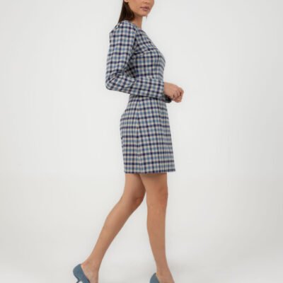 Elegantes Minikleid mit Karomuster und Puffärmeln – Blau/Beige