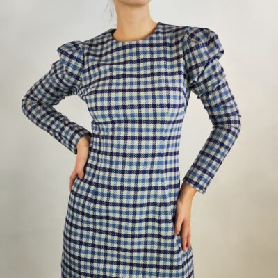 Elegantes Minikleid mit Karomuster und Puffärmeln – Blau/Beige
