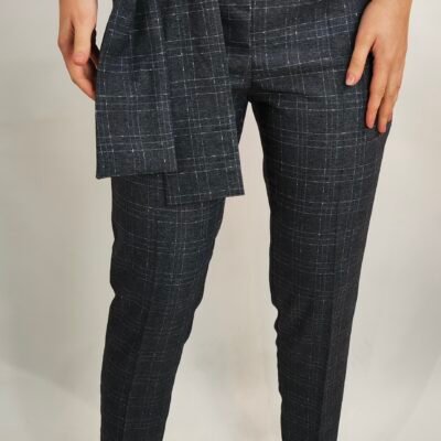 Elegante Damenhose mit Karomuster und Bindegürtel – Dunkelgrau